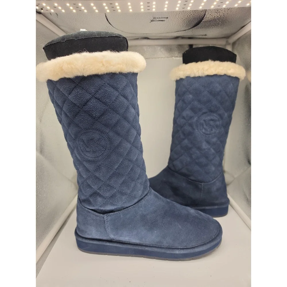 Michael Kors Sandy Navy Blue Quilted Suede Sheep Fur Tall Winter Boots Womens 9M